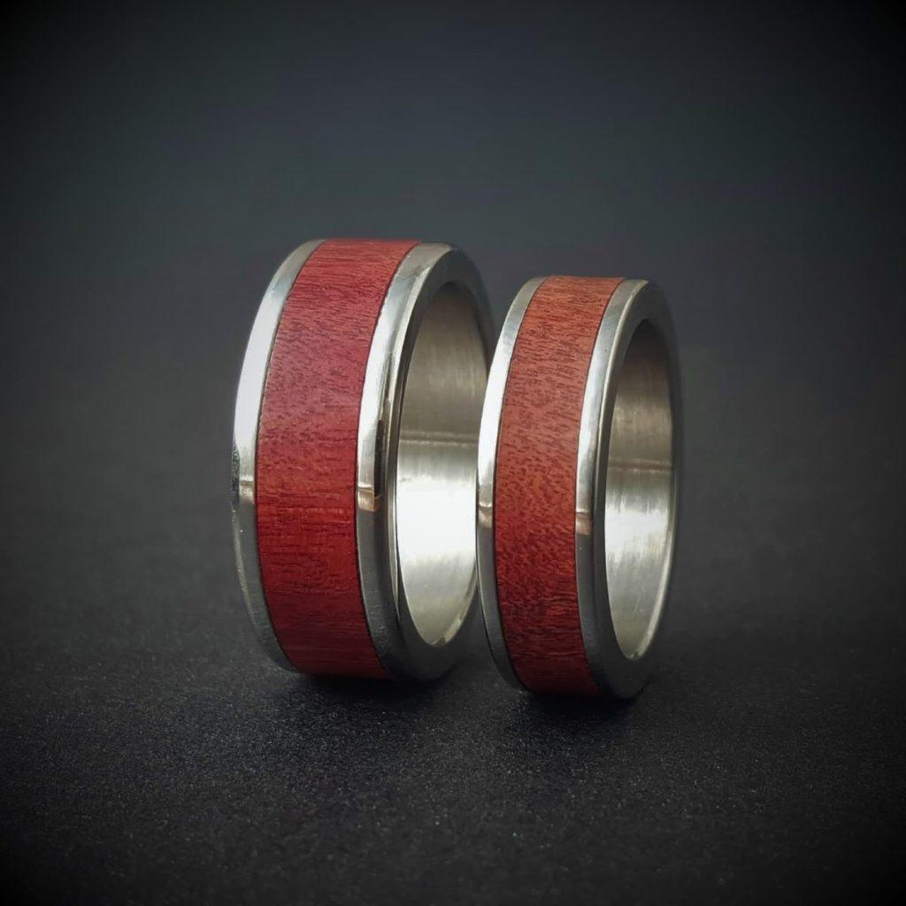 Rings of red ivory hardwood and stainless steel