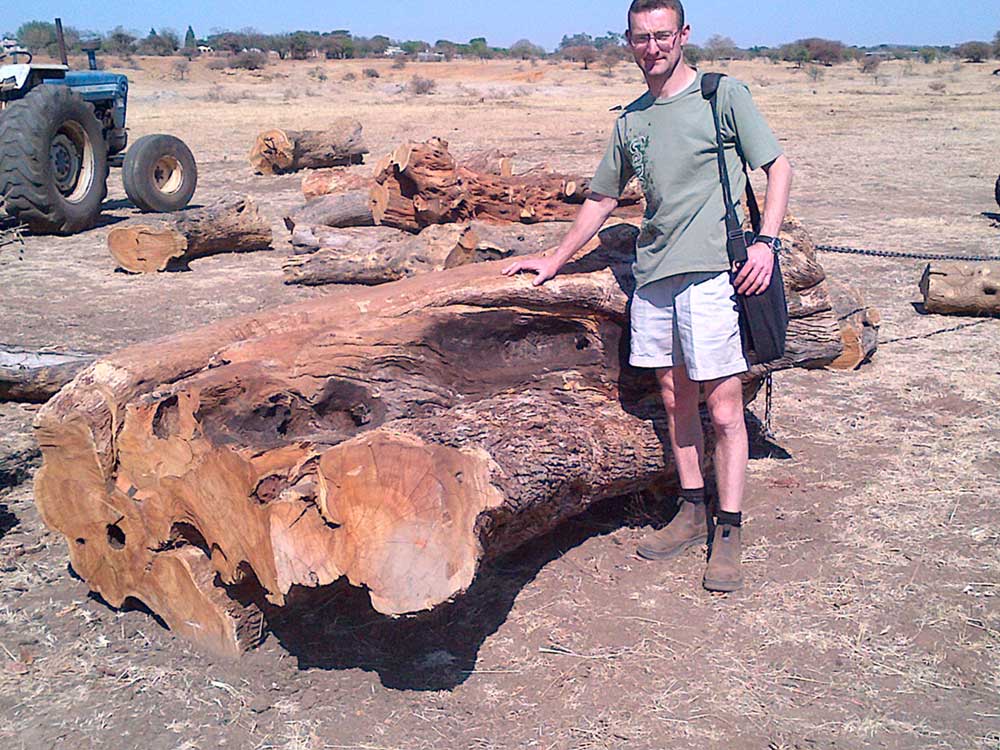 Etienne Du Ploy, wood technologist at ProSono, with a prime African olive log.