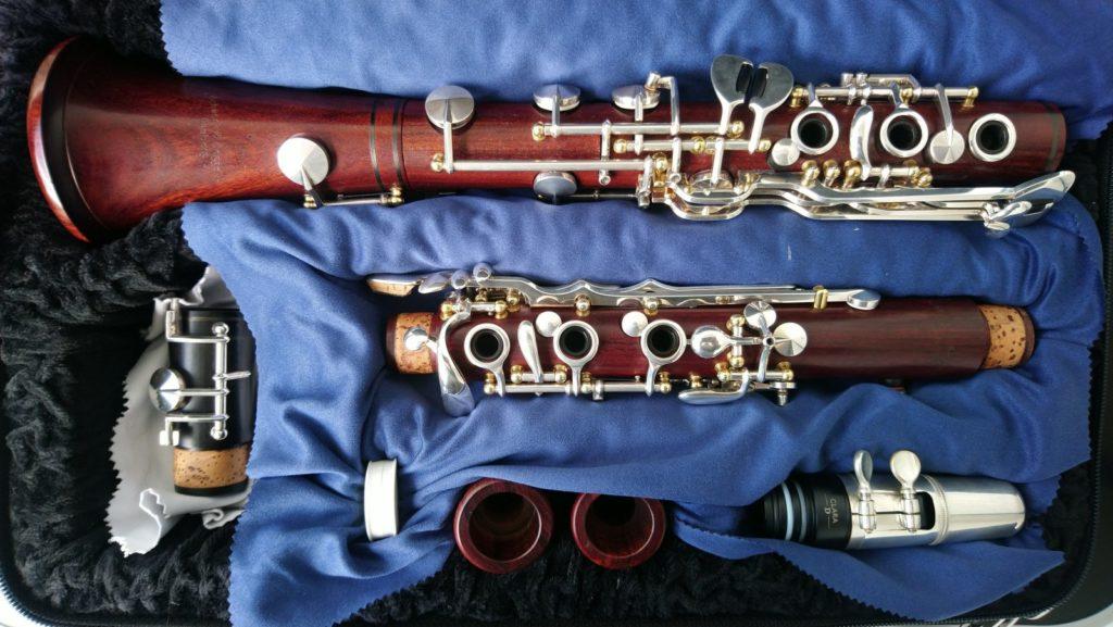 A boxed clarinet of mopane tonewood and silver.