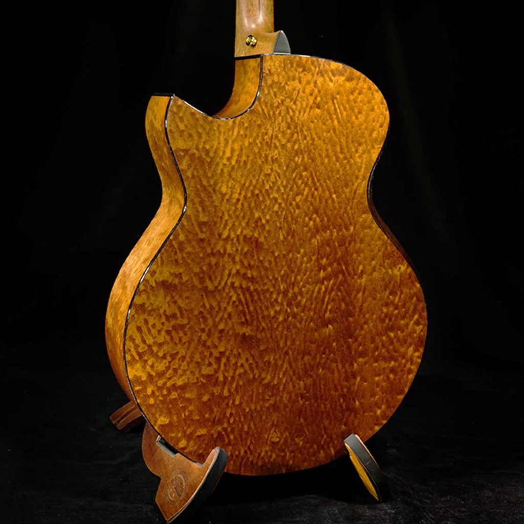 The back of a stunning Blue Label SJ Swiss Moon quilted sapele guitar from Hozen Guitars that sold for US$5,999.